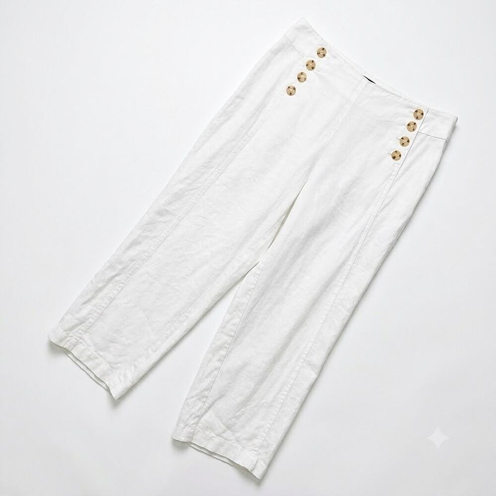J JILL Linen Stretch Crop Wide Leg Sailor Pants White Buttons Womens 4 Petite 4P